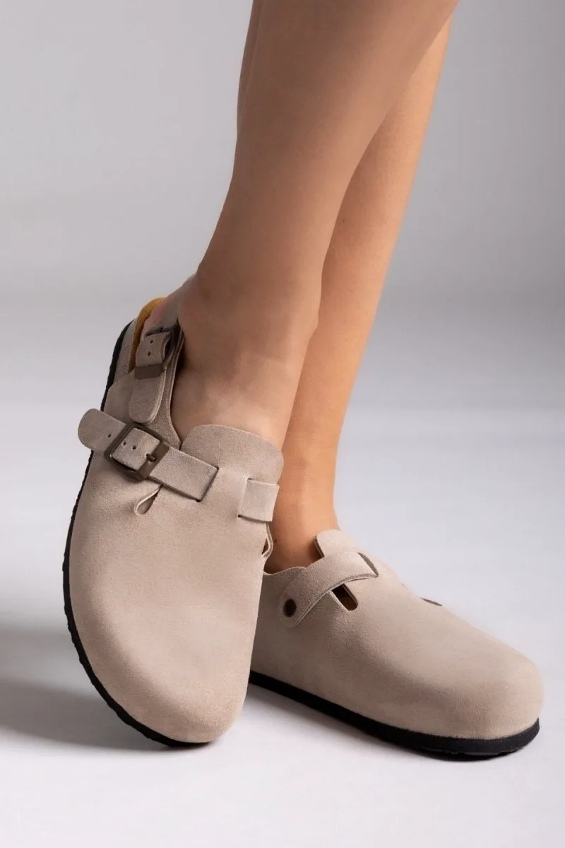 Plakton Suede Clogs with Strap - 181546 - Μπεζ