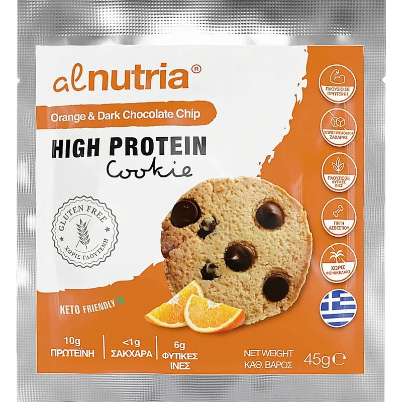 Alnutria High Protein Cookie Μπισκότο Πλούσιο σε Πρωτεΐνη & Ασβέστιο με Πλούσια Γεύση Πορτοκάλι & Κομμάτια Μαύρης Σοκολάτας 45g 1 Τεμάχιο - Πορτοκαλί & Dark Chocolate Chip
