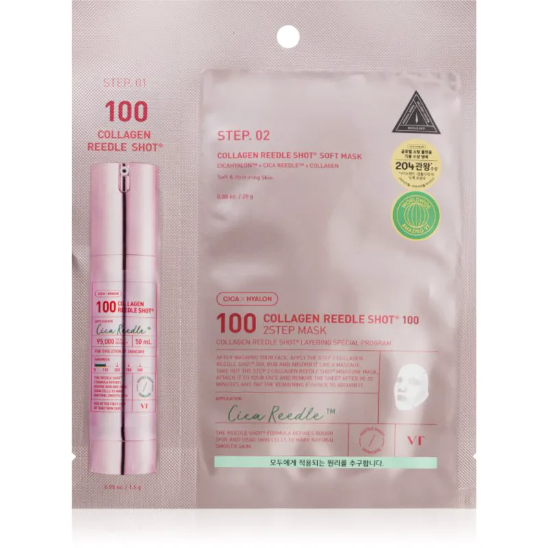 VT Cosmetics Collagen Reedle Shot 100 2 Step Mask Μάσκα ανόρθωσης και σύσφιξης για θεραπεία επιδερμίδας δύο φάσεων 26.5 γρ