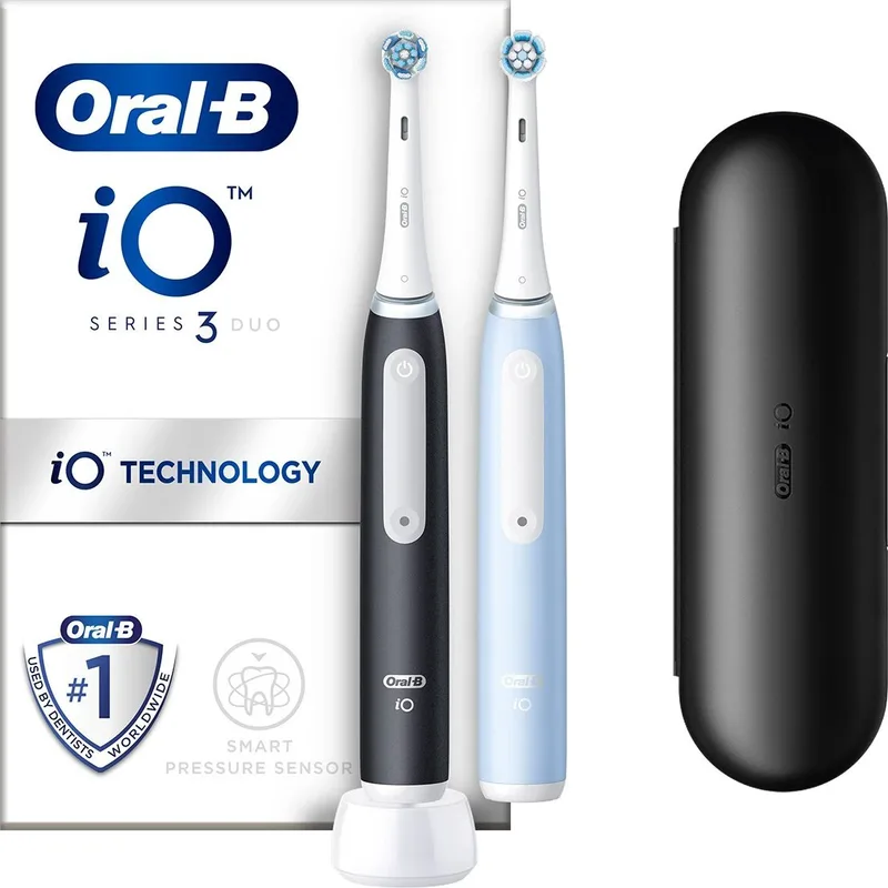 Oral-B iO 3 Black & Blue Electric Toothbrushes Ηλεκτρικές Οδοντόβουρτσες με Αισθητήρα Πίεσης για Προστασία των Ούλων 2 Τεμάχια