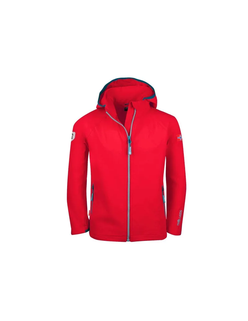 Trollkids Kids Kvalvika Jacket red hooded softshell jacket for girlsboys 328414