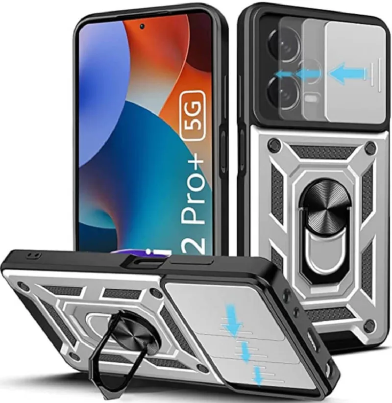 Bodycell Armor Slide - Ανθεκτική Θήκη Xiaomi Redmi Note 12 Pro Plus με Κάλυμμα για την Κάμερα & Μεταλλικό Ring Holder - Silver (5206015020551)