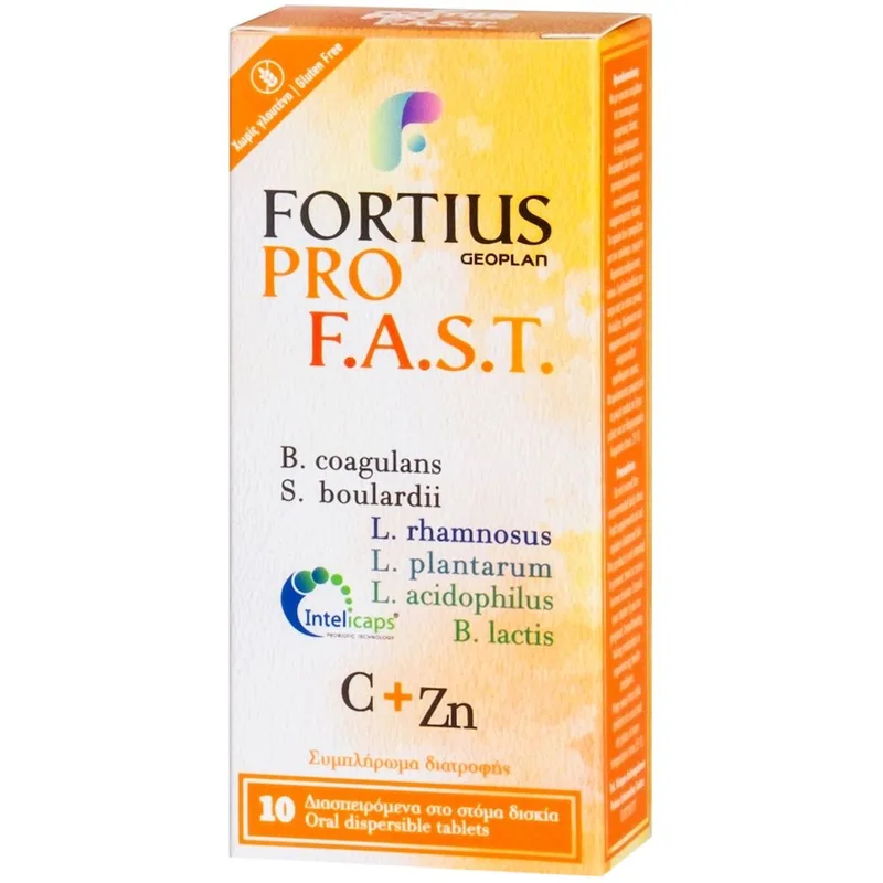 Geoplan Fortius Pro F.a.s.t. Συμπλήρωμα Διατροφής Μείγματος Προβιοτικών, Βιταμίνης C & Ψευδάργυρου & για την Αποκατάσταση της Ισορροπίας του Εντερικού Μικροβιώματος Κατά τη Λήψη Αντιβιοτικών 10Disp.tabs