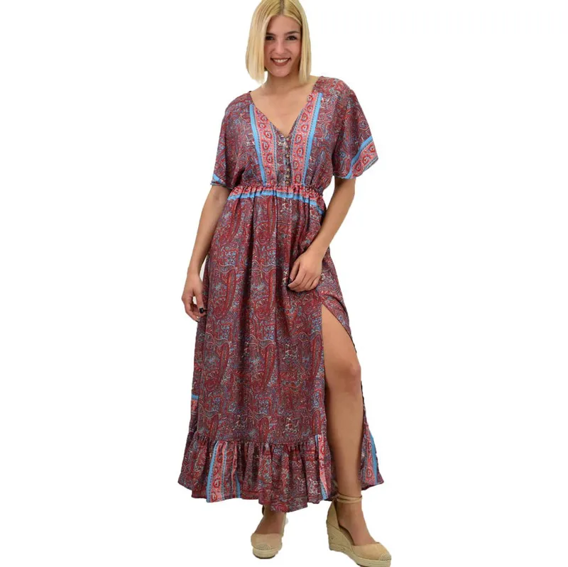Γυναικείο μεταξωτό boho φόρεμα με κουμπιά χωρίς ζώνη Μπλε 20652