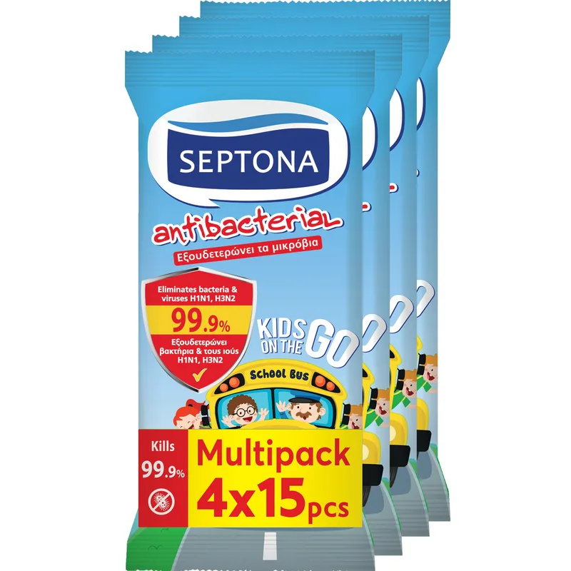 Septona Antibacterial Kids On The Go Wet Wipes Υγρά Μαντηλάκια Χεριών για Παιδιά με Οινόπνευμα Κατά των Βακτηρίων & των Ιών 60 Τεμάχια (4x15 Τεμάχια)