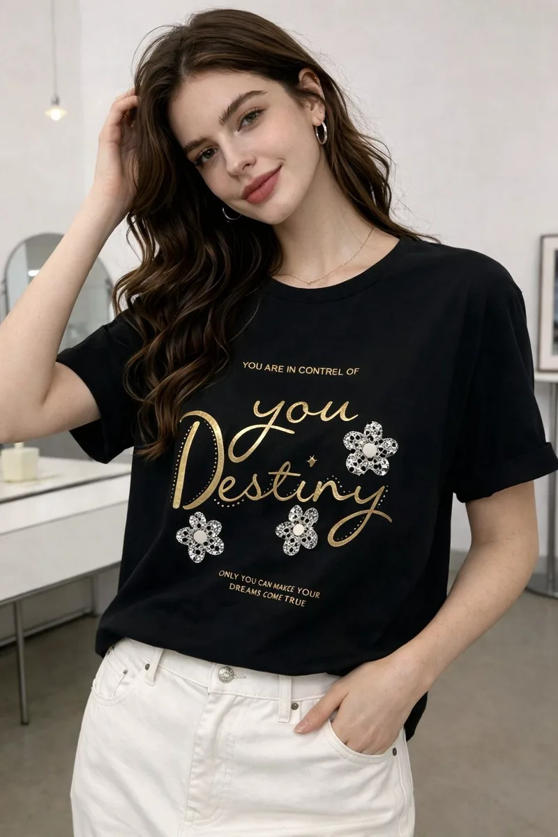 T-shirt Με "You Destiny" Print & Στρας - Μαύρο | Dress Up Μαύρο