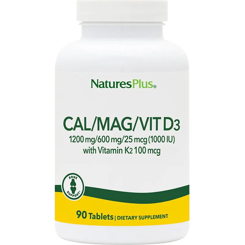 Natures Plus Cal 1200mg / Mag 600mg / Vit D3 25μg with Vitamin K2 100μg Συμπλήρωμα Διατροφής Ασβεστίου, Μαγνησίου, & Βιταμίνης D3 με Κ2 για την Καλή Υγεία των Οστών 90tabs