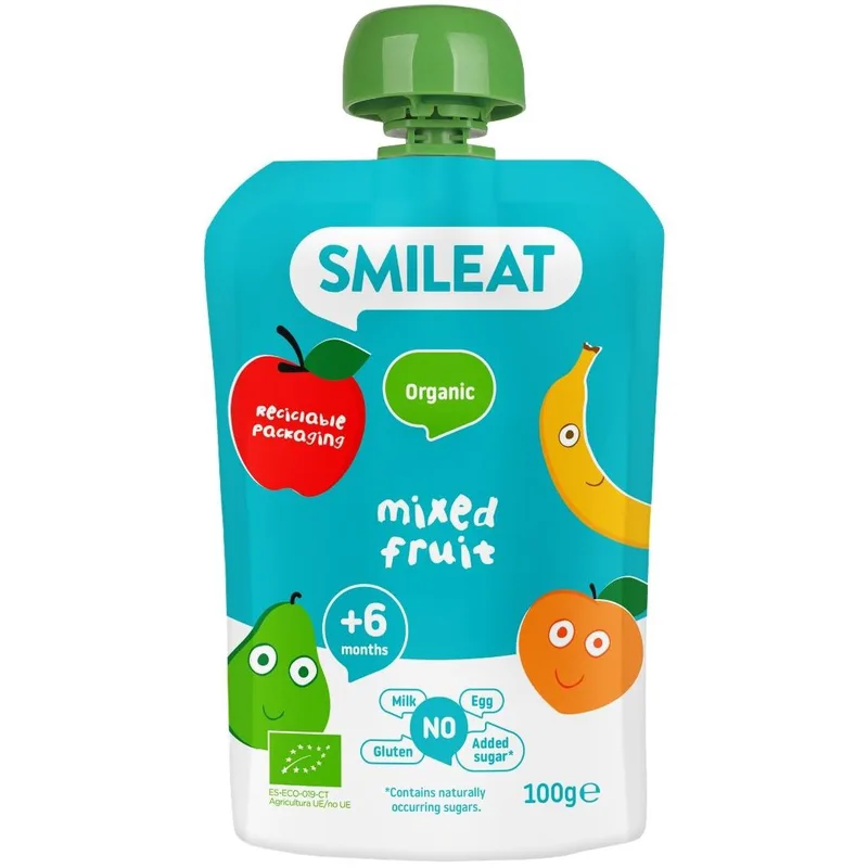 Smileat Organic Multifruits Pouch 6m+, Βιολογικός Πουρές Ανάμεικτων Φρούτων σε Pouch, Χωρίς Γλουτένη, Χωρίς Προσθήκη Ζάχαρης, από τον 6ο Μήνα 100gr