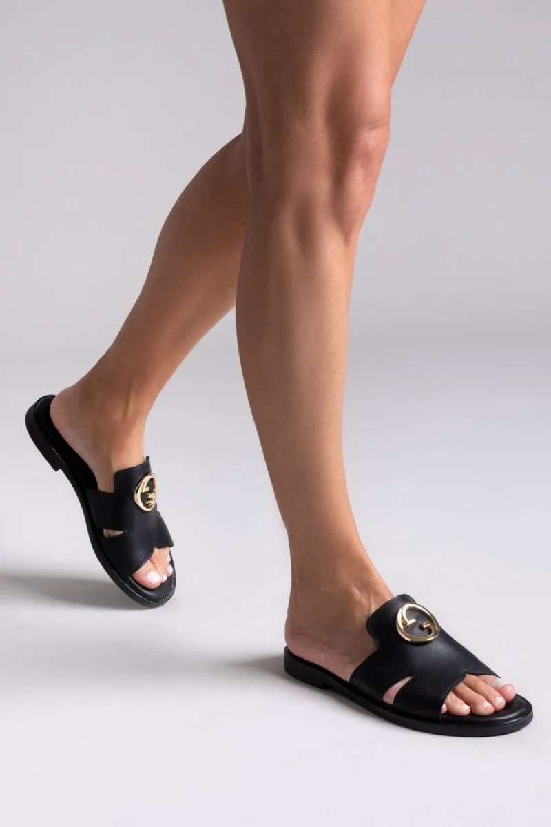 TFP Leather Sandals Asymmetric Strap - 104 - Black