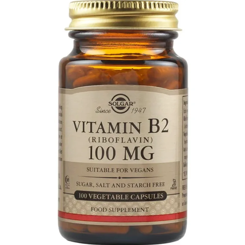 Solgar Vitamin B2 (Riboflavin) 100mg Συμπλήρωμα Διατροφής Βιταμίνης Β2 (Ριβοφλαβίνης) για την Καλή Λειτουργία του Νευρικού Συστήματος & τη Μείωση της Κόπωσης 100veg.caps