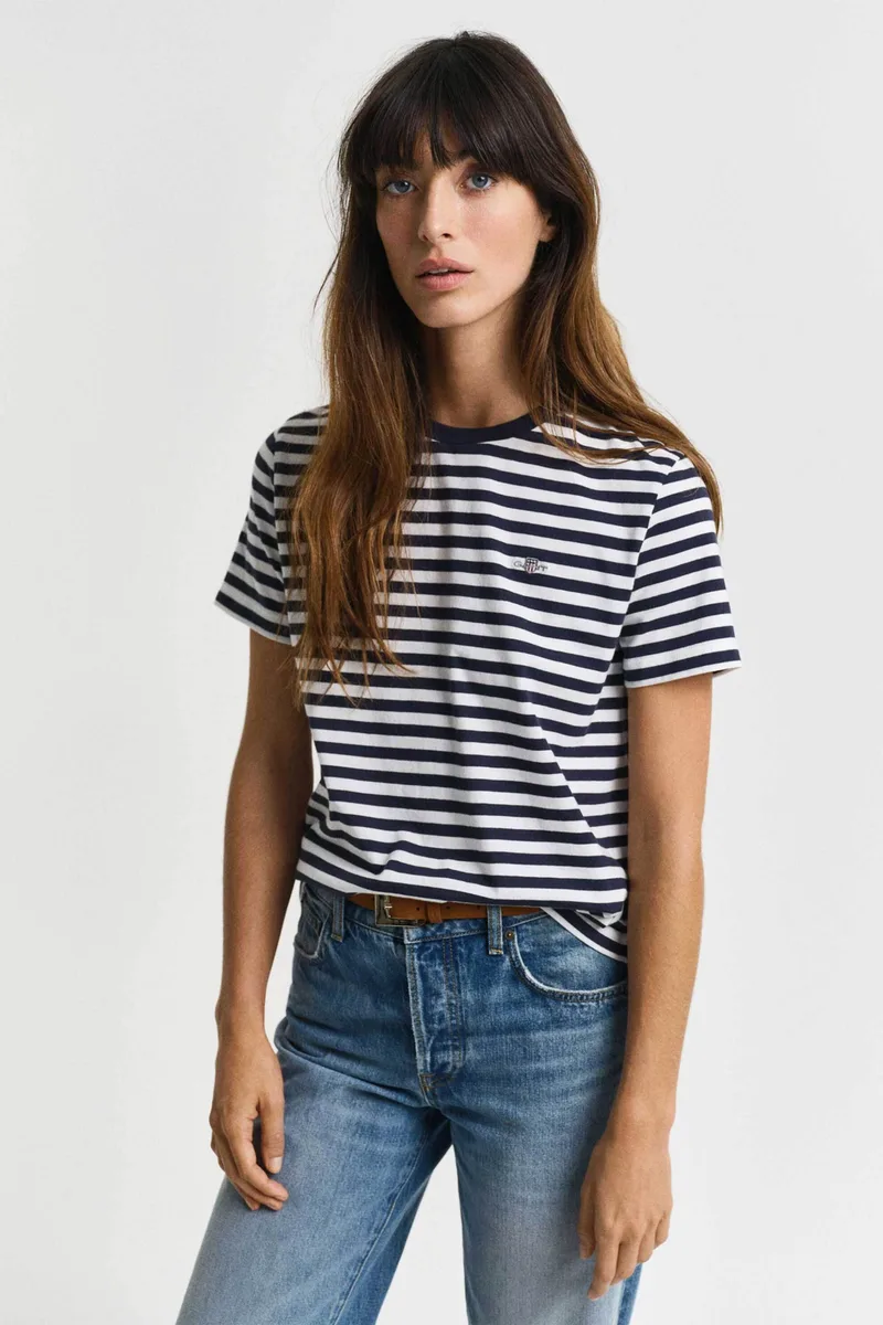 Gant γυναικείο T-shirt με ριγέ σχέδιο και κεντημένο λογότυπο Regular Fit - 4200564 Μπλε Σκούρο