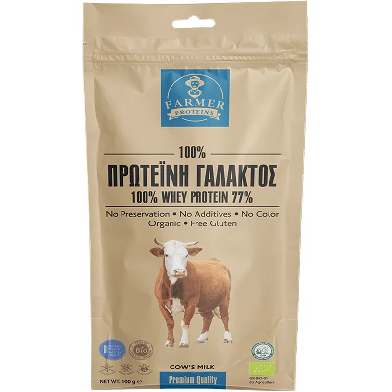 Farmer Proteins Whey Protein Isolate 77% Συμπλήρωμα Διατροφής Πρωτεΐνης Ορού Βιολογικού Αγελαδινού Γάλακτος Υψηλής Ποιότητας & Βιοδιαθεσιμότητας για Ενίσχυση, Ενέργεια, & Γράμμωση με Οργανικής Προέλευσης Βιταμίνες, Μέταλλα & Αντιοξειδωτικά 100g