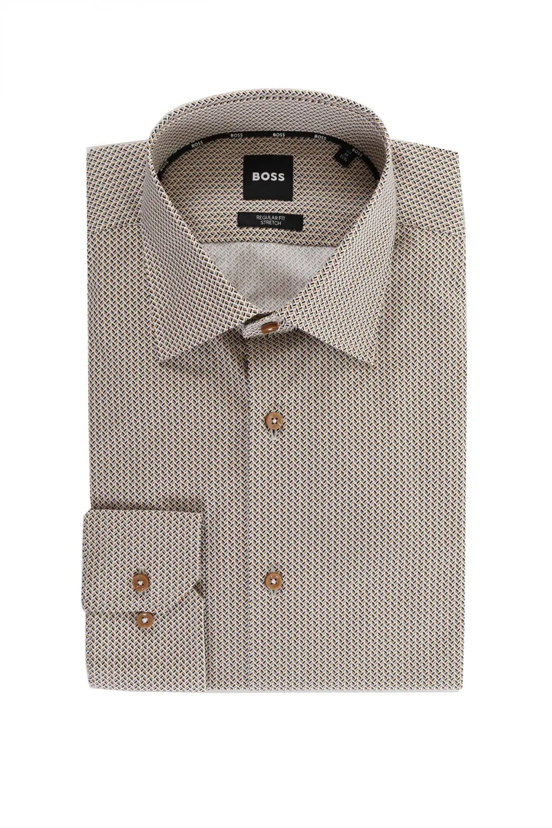 BOSS ΠΟΥΚΑΜΙΣΟ ΜΙΚΡΟΣΧΕΔΙΟ FREGULAR FIT STRETCH H-JOE-KENT-C1-214 ΜΠΕΖ