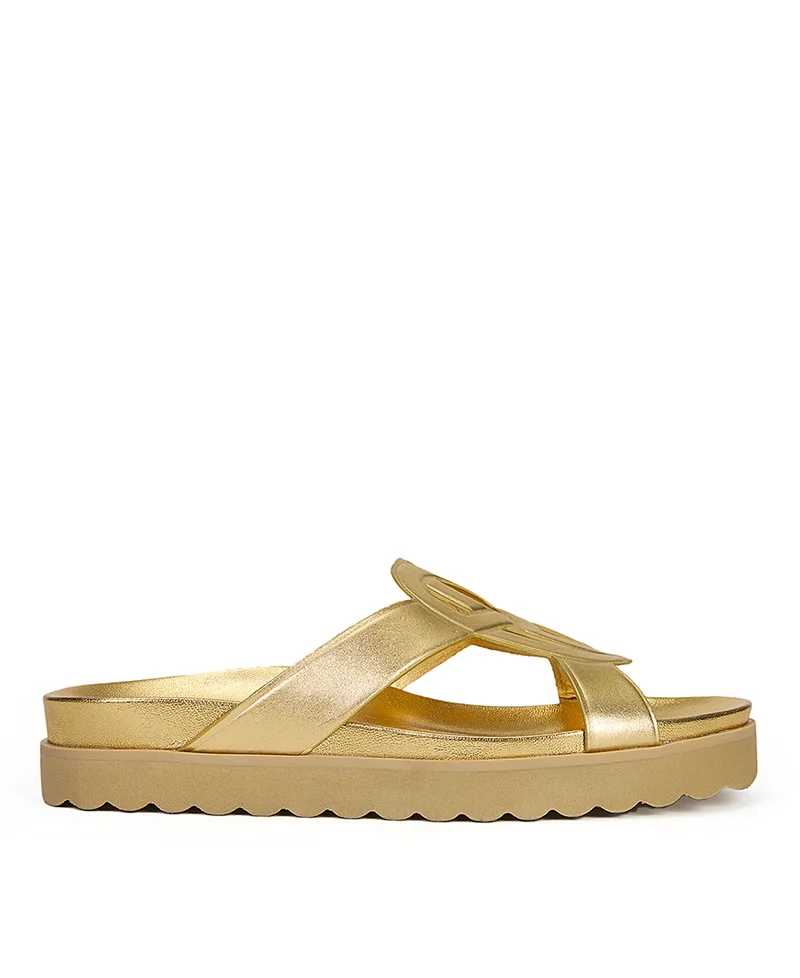 Schutz Γυναικείο Σανδάλι Flat Δερμάτινο με Cut-Out Λεπτομέρεια σε Μεταλλιζέ Χρυσό