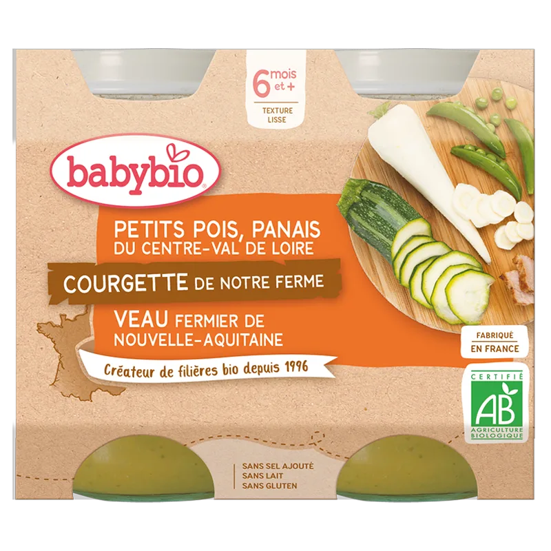 Babybio Midi Jars - 6 months and more - Peas, Parsnips, Courgette, Veal - ORGANIC 2x200 g