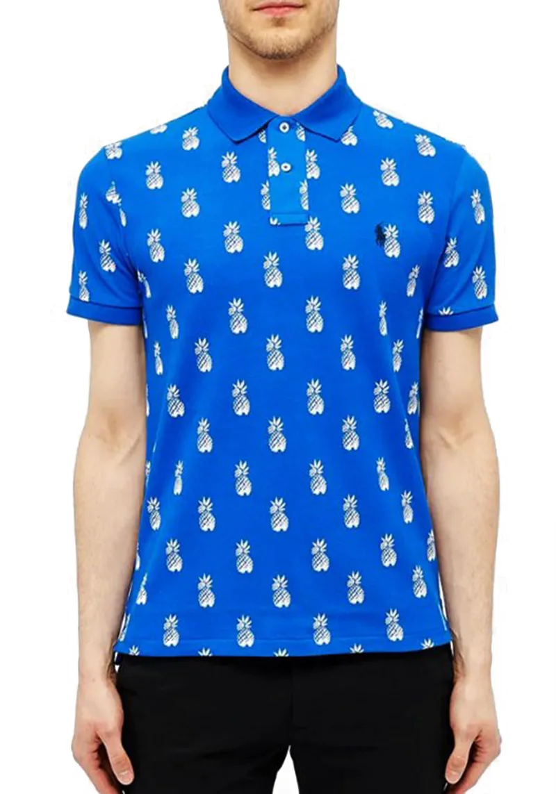 Ανδρική Polo Μπλούζα με Pinapple print σε Custom Slim γραμμή - Blue