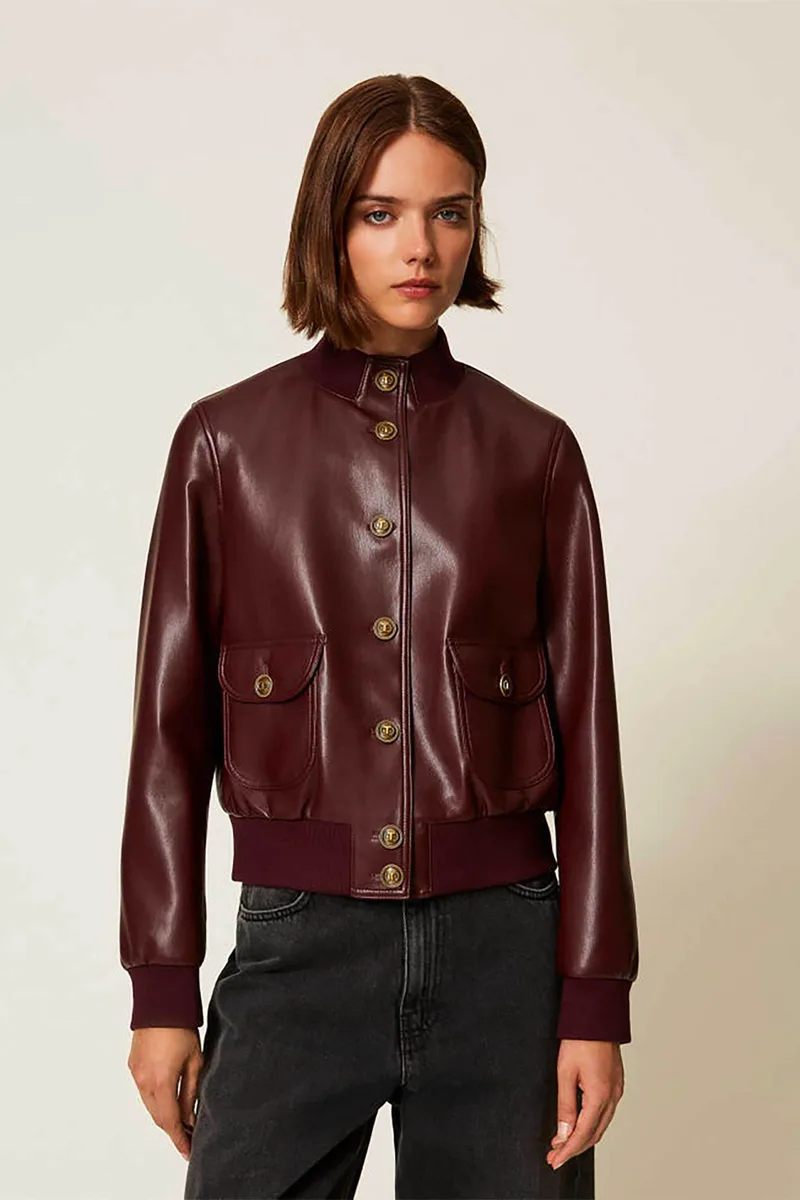 Twinset γυναικείο faux leather jacket με κουμπιά - 252TP2232 Μπορντό