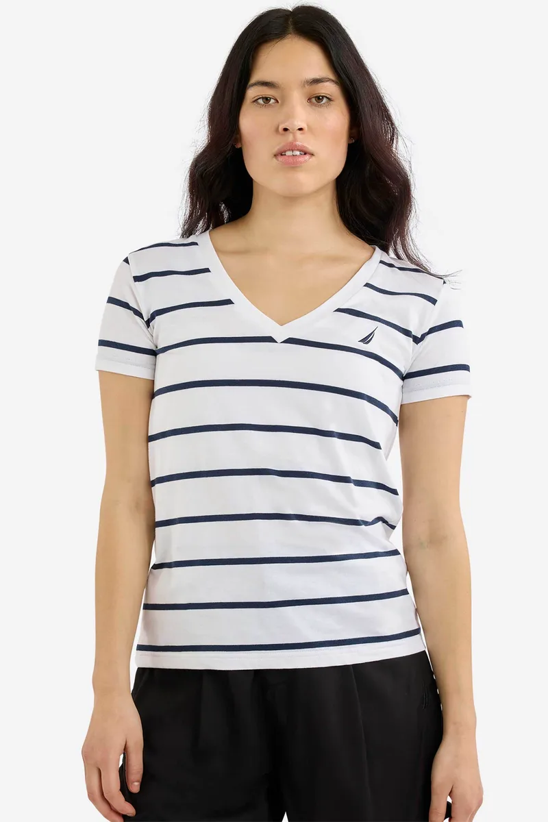 Nautica γυναικείο T-shirt με V, ριγέ σχέδιο και κεντημένο λογότυπο "Hosta" - N2R03047 Λευκό