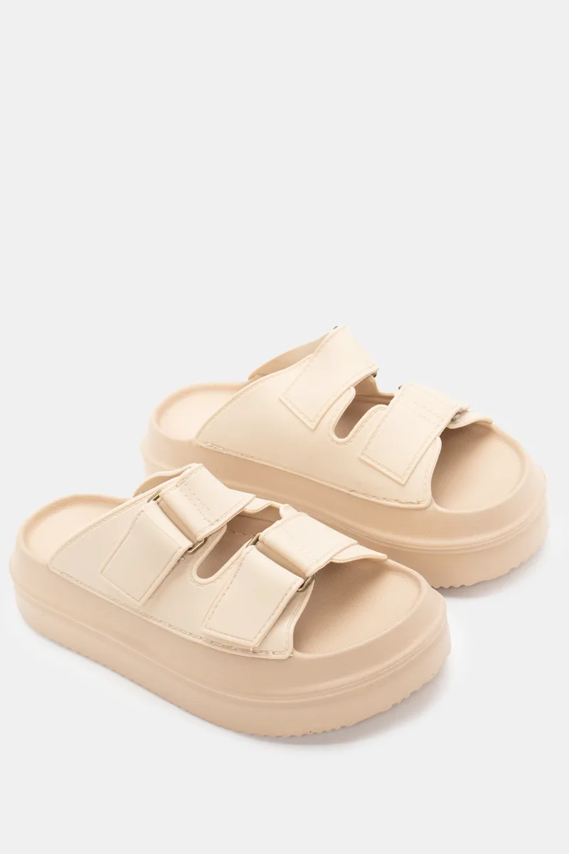 Παντόφλες Flatform με Διπλά Λουράκια και Velcro - Μπεζ