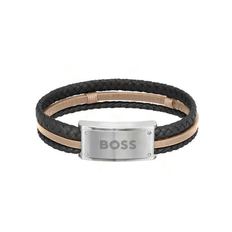 HUGO BOSS Ανδρικό Βραχιόλι Από Μαύρο και Μπεζ Δερμάτινο Λουράκι 1580423