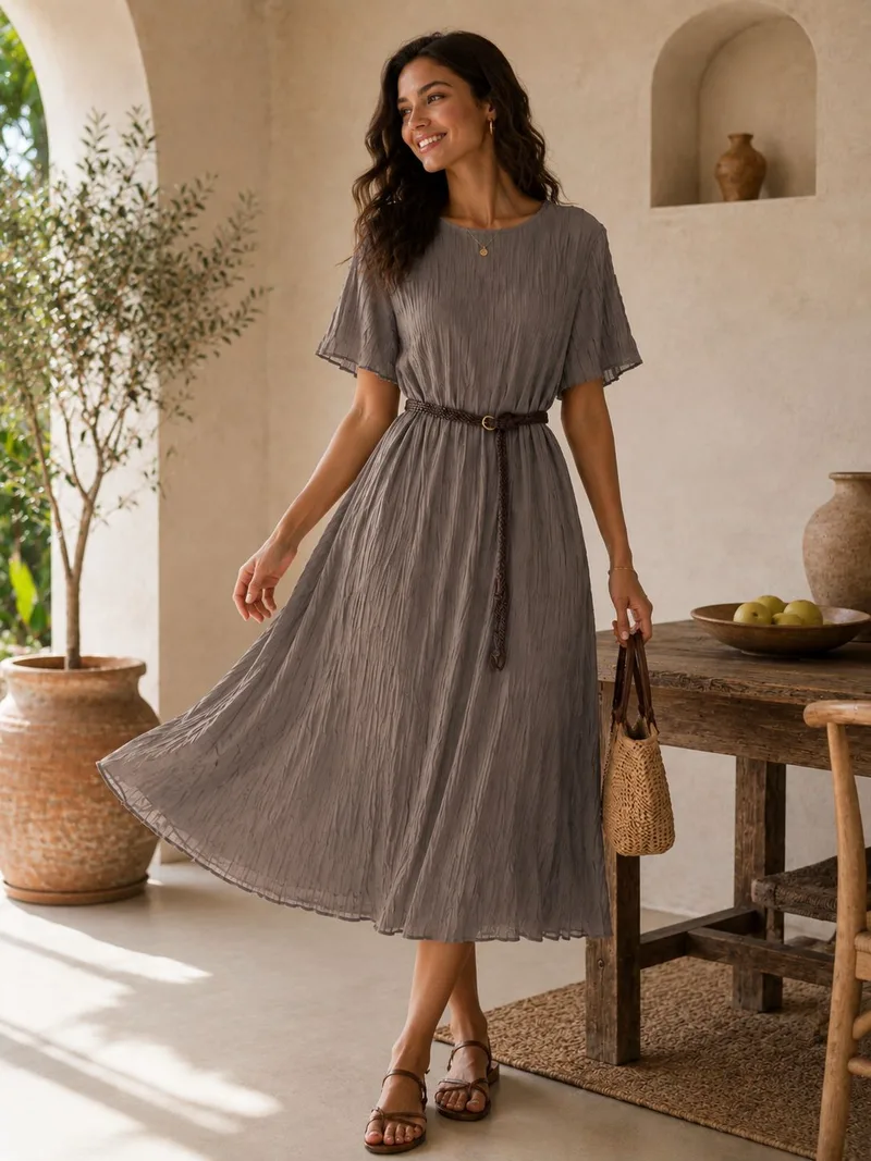 Midi Φόρεμα Πλισέ Με Ζώνη & Κοντό Μανίκι – Καφέ | Dress Up Καφέ