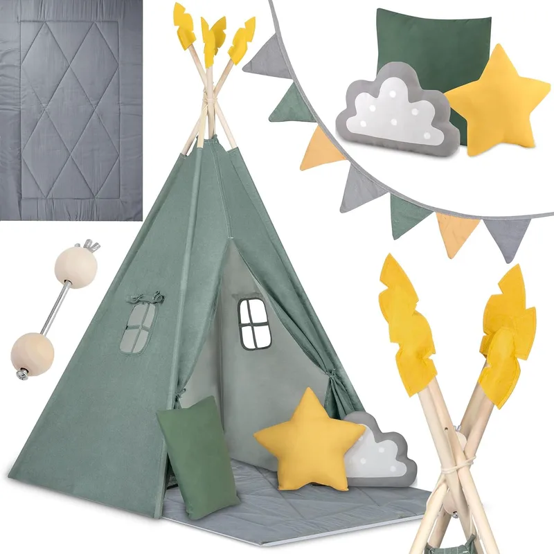 Παιδική Σκηνή Teepee NK-406 Nukido Kids Tipi Tent Ινδιάνικη με 1 x Χαλάκι / 3 x Μαξιλάρια / 1 x Γιρλάντα - Dark Green (5903890616724)
