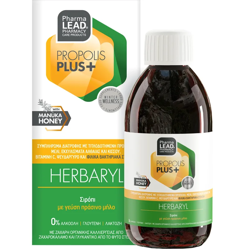 Pharmalead Propolis Plus+ Herbaryl Cough Relief Syrup Συμπλήρωμα Διατροφής με Πρόπολη, Μέλι Μανούκα Φυτικά Εκχυλίσματα & Βιταμίνες για το Βήχα & τον Ερεθισμένο Λαιμό με Γεύση Πράσινο Μήλο 200ml