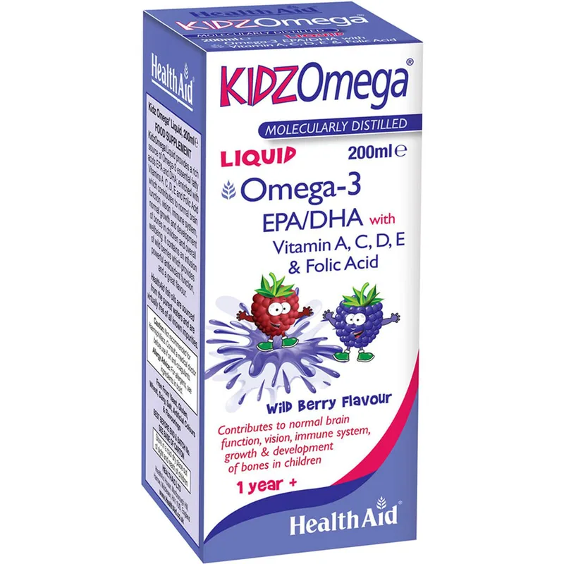 Health Aid KIDZ Omega Liquid Συμπλήρωμα Διατροφής Ωμέγα 3 & Βιταμινών σε Πόσιμο Υγρό για τη Σωστή Ανάπτυξη & Λειτουργία του Εγκεφάλου & της Όρασης για Παιδιά με Γεύση Βατόμουρο 200ml