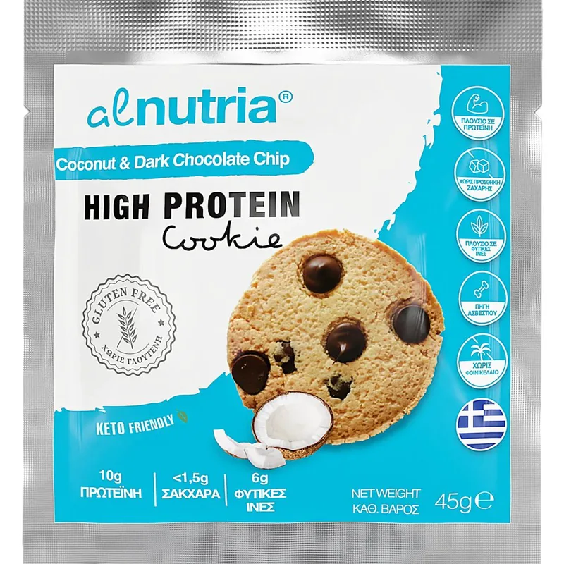 Alnutria High Protein Cookie Μπισκότο Πλούσιο σε Πρωτεΐνη & Ασβέστιο με Πλούσια Γεύση καρύδας & Κομμάτια Μαύρης Σοκολάτας 45g 1 Τεμάχιο - Coconut & Dark Chocolate Chip
