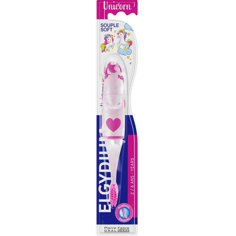 Elgydium Kids Unicorn Soft Toothbrush 2-6 Years Μαλακή Παιδική Οδοντόβουρτσα με Εργονομική Λαβή & Καπάκι Μεταφοράς 1 Τεμάχιο - Μωβ