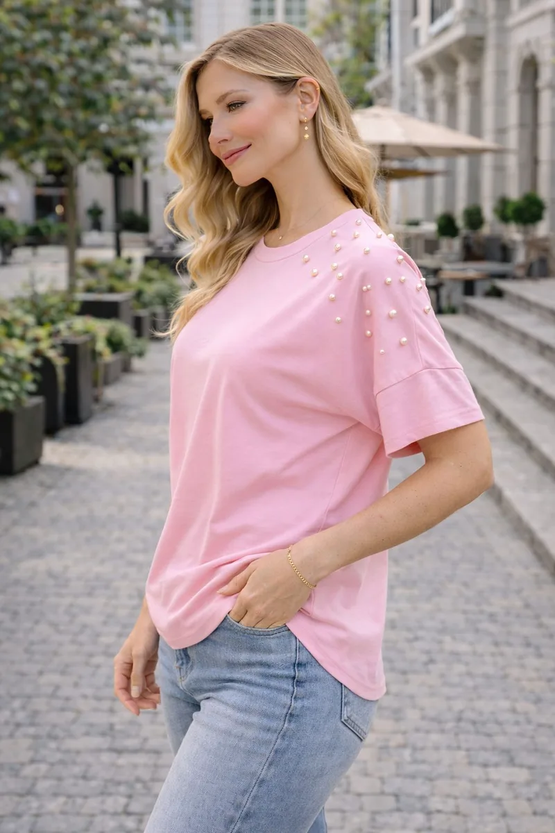 Μπλούζα Γυναικεία Με Πέρλες Στους Ώμους – Casual Chic T-Shirt Σε Ροζ | Dress Up Ροζ