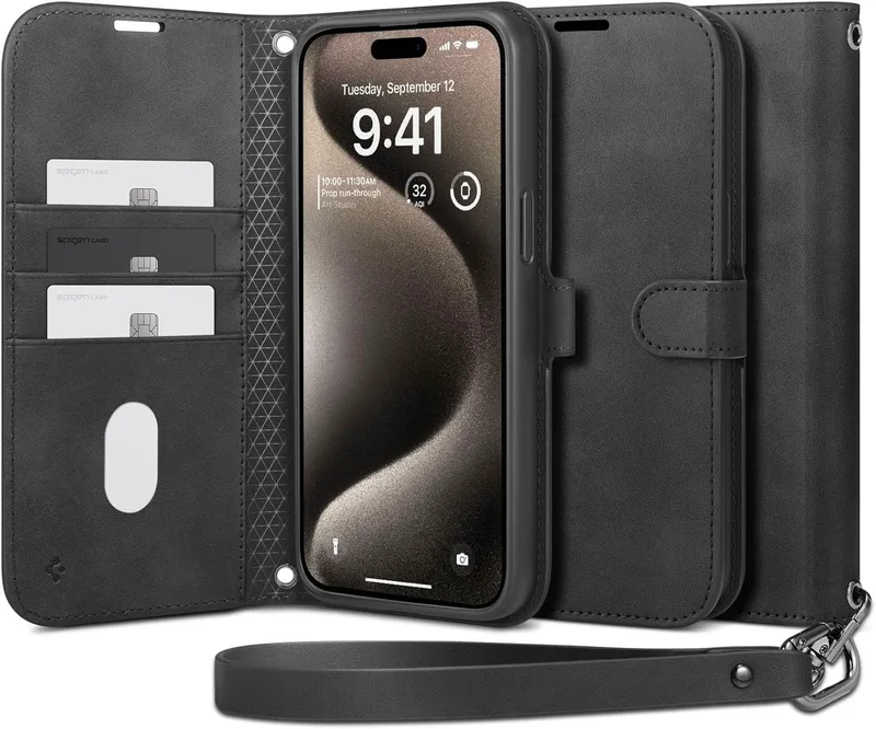 Θήκη iPhone 15 Pro Spigen Wallet S Pro Ανθεκτικό Πορτοφόλι με Αποσπώμενο Λουράκι Χειρός / Λαιμού - Black (ACS06740)