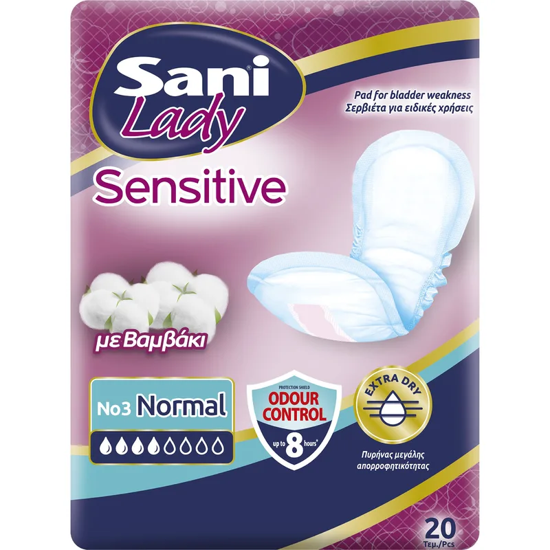 Sani Sensitive Lady with Cotton No3 Normal Γυναικείες Σερβιέτες με Βαμβάκι για Ελαφριά Μορφή Ακράτειας 20 Τεμάχια