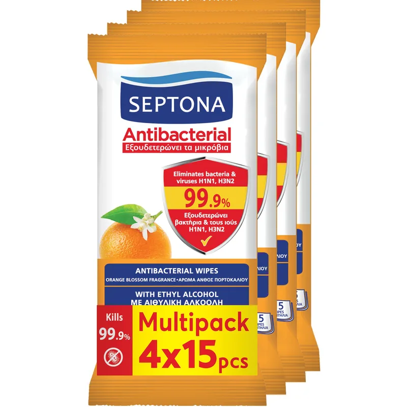 Septona Promo Antibacterial Wipes Πορτοκαλί Blossom Αντιβακτηριδιακά Μαντηλάκια Χεριών με Άρωμα Άνθος Πορτοκαλιού 60 Τεμάχια (4x15 Τεμάχια)