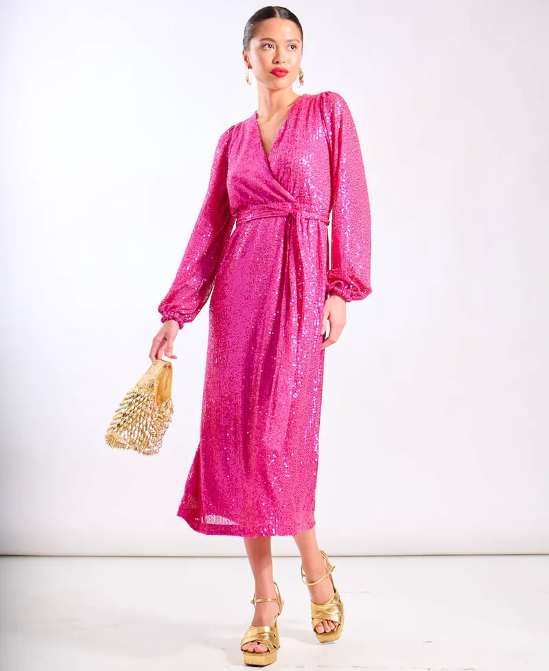 Pink Sequin Wrap Midi Dress | Size: 12