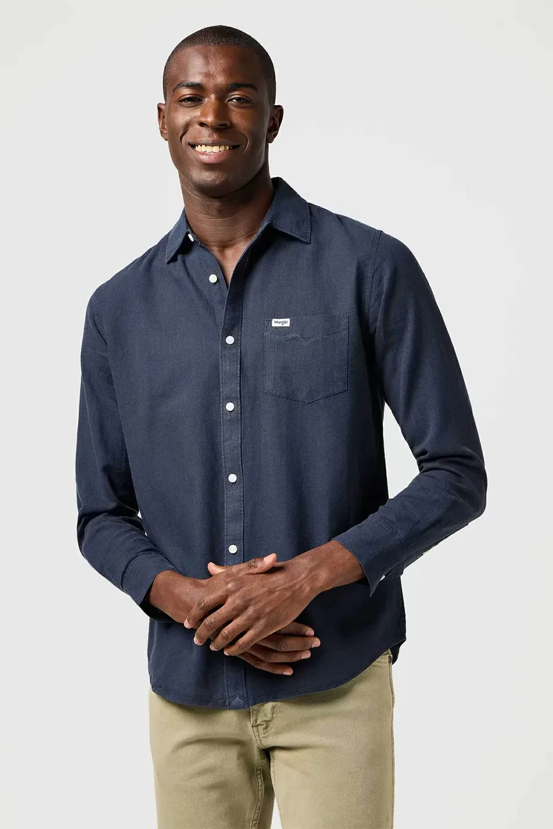 Wrangler® ανδρικό μονόχρωμο πουκάμισο "One Pocket" Regular Fit - 112362751 Μπλε Σκούρο