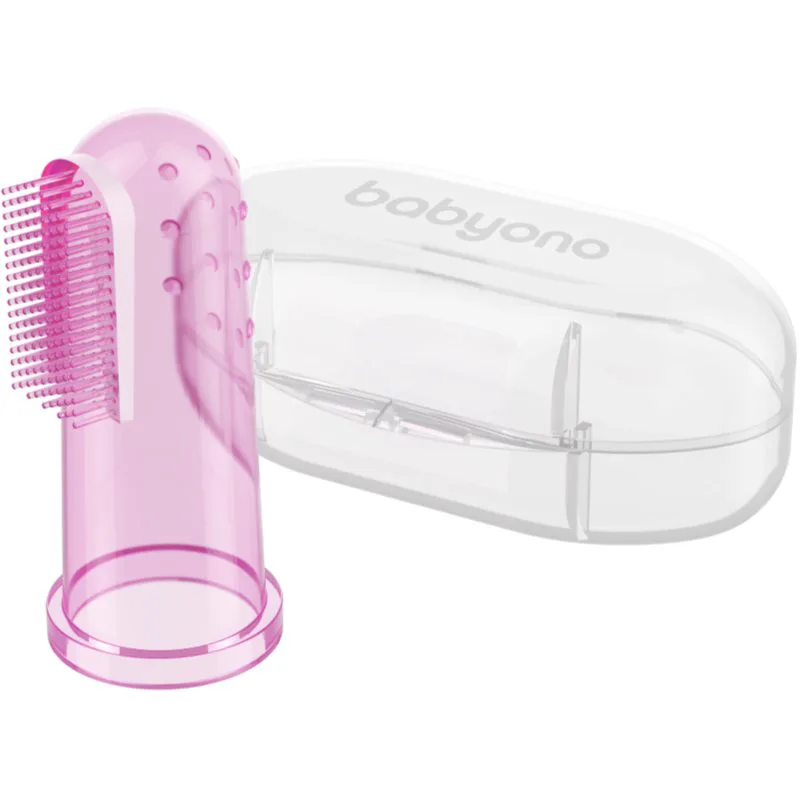 BabyOno Take Care First Toothbrush Οδοντόβουρτσα σιλικόνης για παιδιά με θήκη Ροζ 1 τμχ