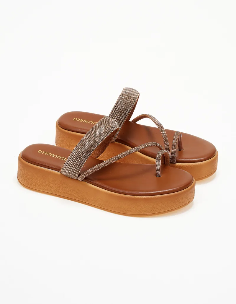 Σανδάλια flatform με toe-ring και glitter - Κάμελ