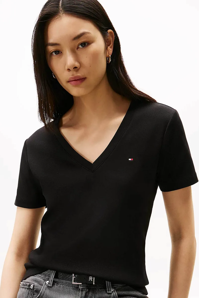 Tommy Hilfiger γυναικείο T-shirt με V λαιμόκοψη και κεντημένο λογότυπο Slim Fit - WW0WW40584 Μαύρο
