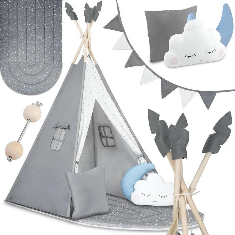 Παιδική Σκηνή Teepee Nukido Kids Tipi Tent NK-406 Ινδιάνικη με 1 x Χαλάκι / 3 x Μαξιλάρια / 1 x Γιρλάντα - Dark Gray / White (5903890616694)