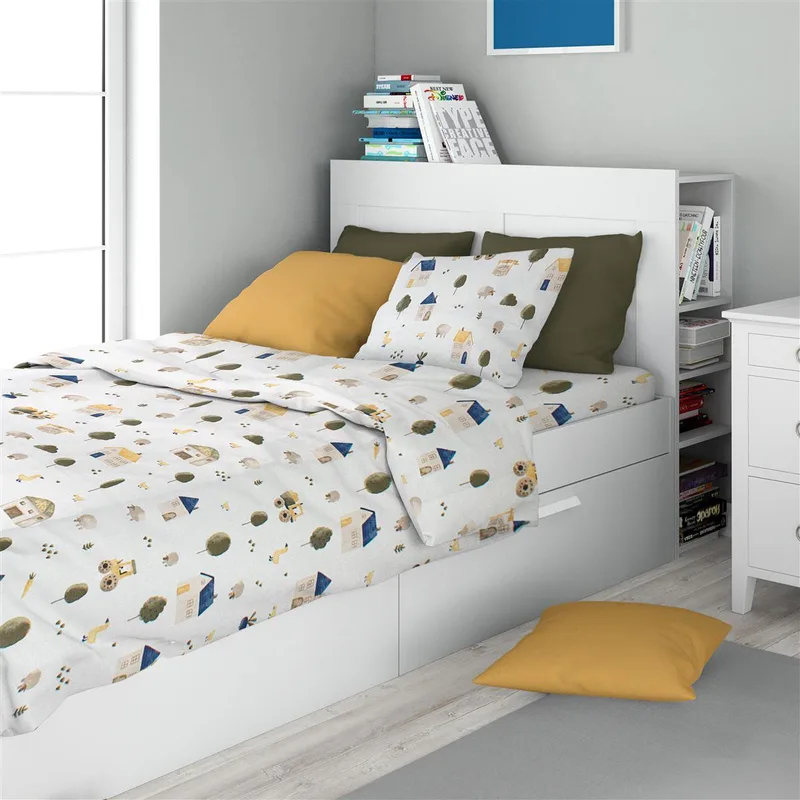 Σετ Σεντόνια 3τμχ Βαμβακερά Μονά 160x240εκ. Village 579 White-Green Dimcol (Ύφασμα: Βαμβάκι 100%, Τύπος κατωσέντονου: Χωρίς Λάστιχο, Χρώμα: Λευκό) - DimCol - 32112223058