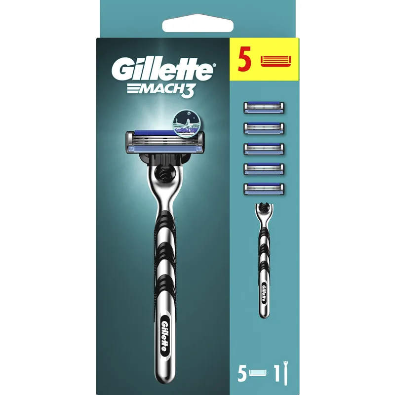 Gillette Mach3 Men's BladeRazor System Ανταλλακτικές Κεφαλές Ξυριστικής Μηχανής 5 Τεμάχια & Λαβή 1 Τεμάχιο