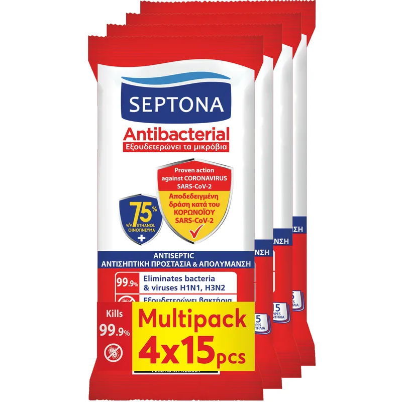 Septona Promo Antibacterial & Antiseptic Refresh Wipes Αντιβακτηριδιακά Μαντηλάκια για Αντισηπτική Προστασία & Απολύμανση Κατά του Κορωνοϊού 60 Τεμάχια (4x15 Τεμάχια)