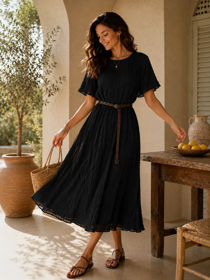 Midi Φόρεμα Πλισέ Με Ζώνη & Κοντό Μανίκι – Μαύρο | Dress Up Μαύρο