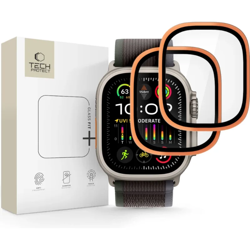 Tempered Glass Apple Watch Ultra 3 / Ultra 2 / Ultra 1 49mm Tech-Protect Glass Ring Αντιχαρακτικό Γυαλί Προστασίας Οθόνης με Μεταλλικό Πλαίσιο 2 Τεμάχια - Cosmic Πορτοκαλί (5906302335657)