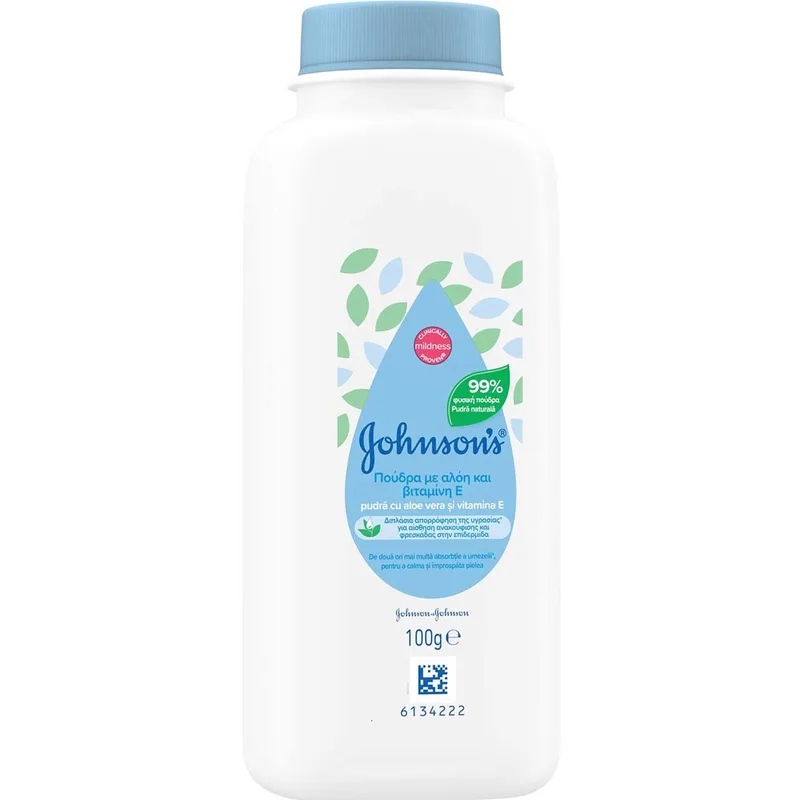 Johnson's Aloe & Vitamin E Powder Πούδρα με Αλόη & Βιταμίνη E για Αίσθηση Ανακούφισης & Φρεσκάδας της Επιδερμίδας 100g