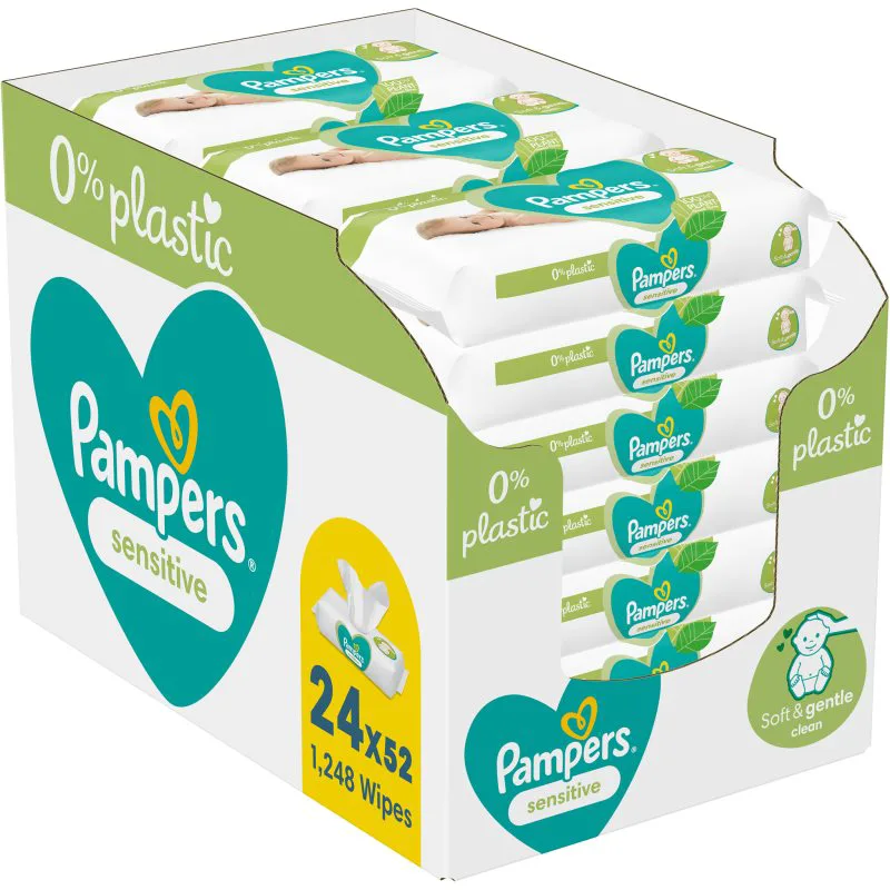 Pampers Sensitive Plastic Free υγρά μαντηλάκια καθαρισμού για παιδιά για ευαίσθητο δέρμα 24x52 τμχ