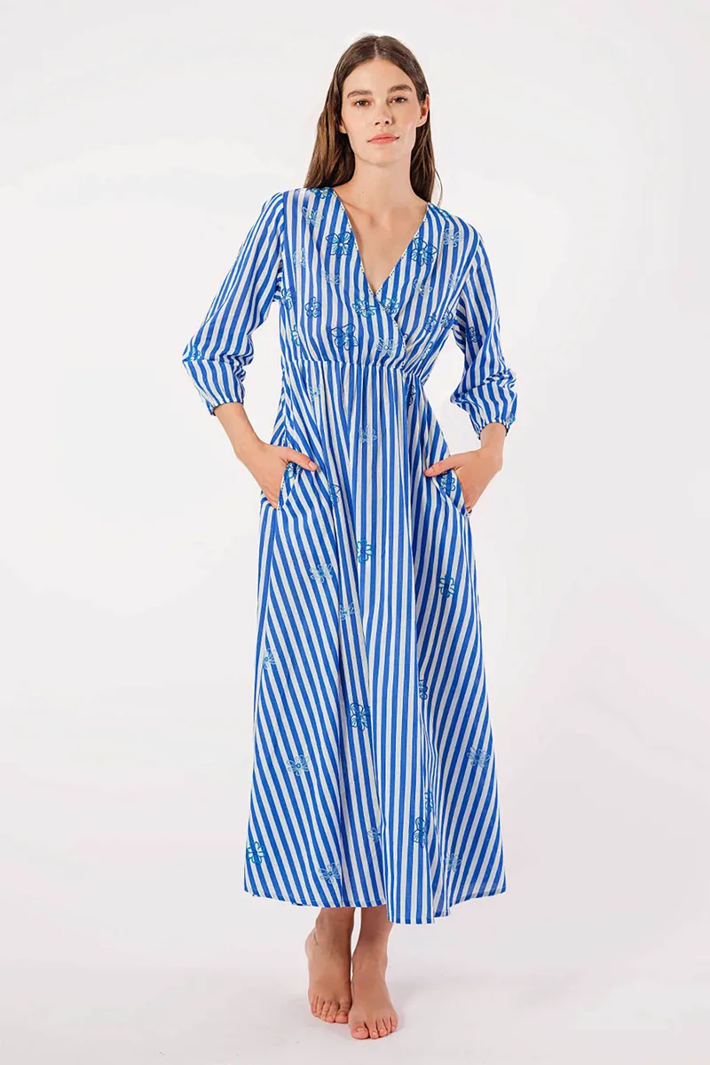 Nimo With Love γυναικείο midi φόρεμα ριγέ με κέντημα "Hyssop" - Hyssop Dress Γαλάζιο