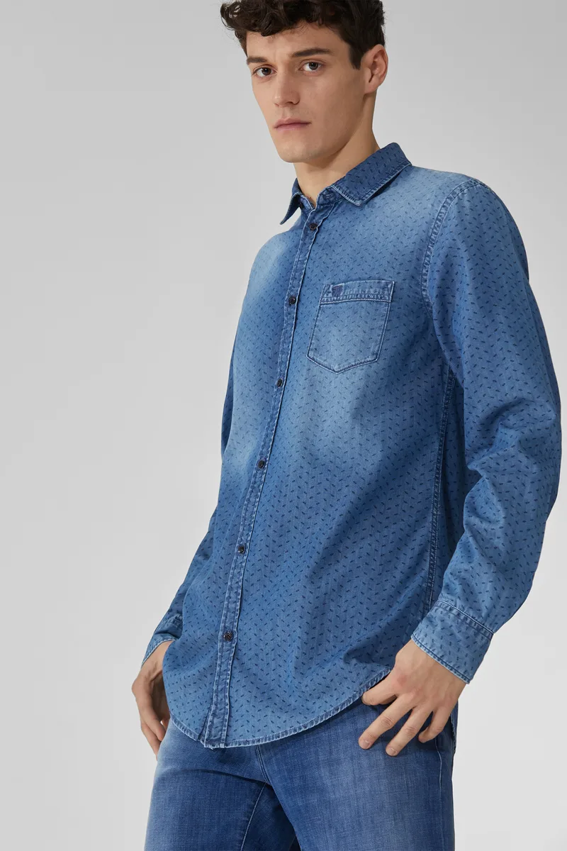 Trussardi ανδρικό denim πουκάμισο με μικρόσχεδιο - 52C00091-1T003930 Μπλε Σκούρο