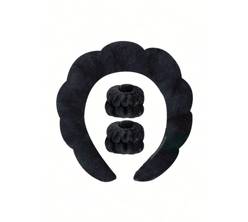 Bobby Warren Solid Bath Headband & Wrist Band Set - Black (3pcs)